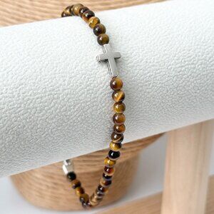 David Yurman Sterling Silver 4mm Tiger’s Eye Cross Bracelet Spiritual Bead